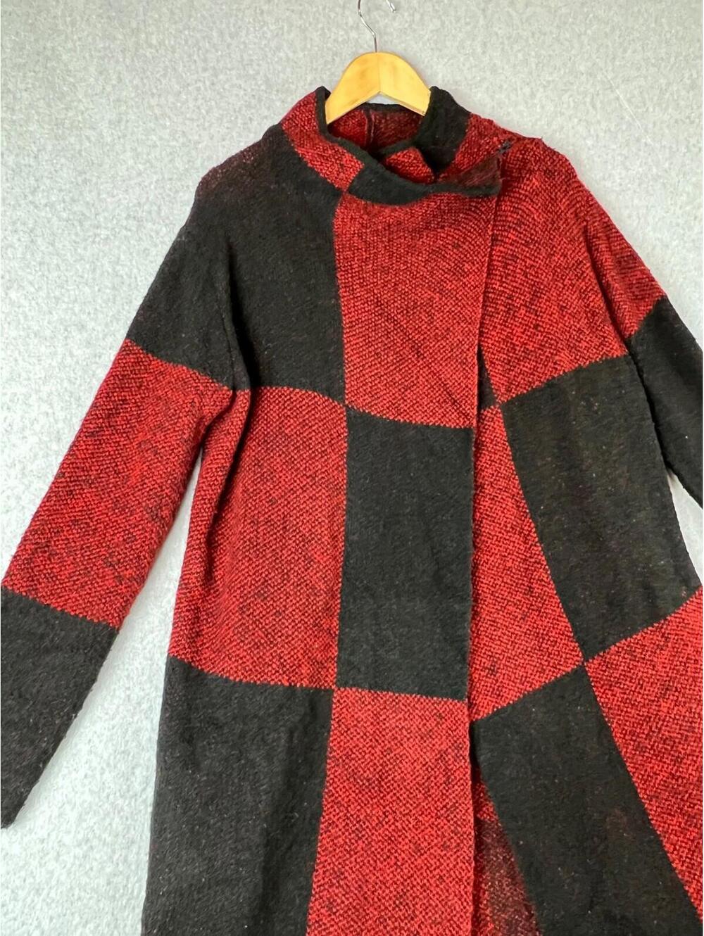 Checkered Trench Long Cardigan Knitted Sweater Womens M Classic Colorblock - Picture 4 of 12